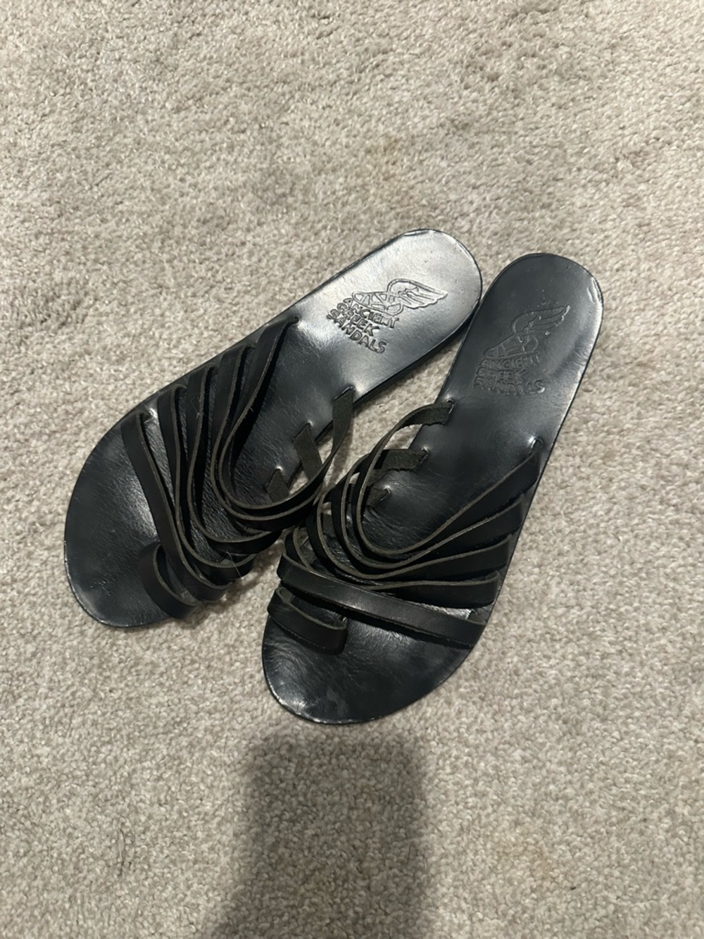 Leather Strappy Slide Sandals - Black